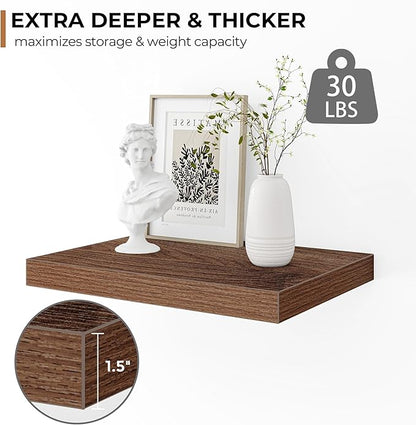 Fun Memories Floating Shelves - 2 Pack 12 Inch Rustic Wooden Wall Shelves - Extra Deeper & Thicker Wall Mounted Storage Shelf for Living Room, Kitchen, Farmhouse - 16" W x 12" D x 1.5" H - Walnut