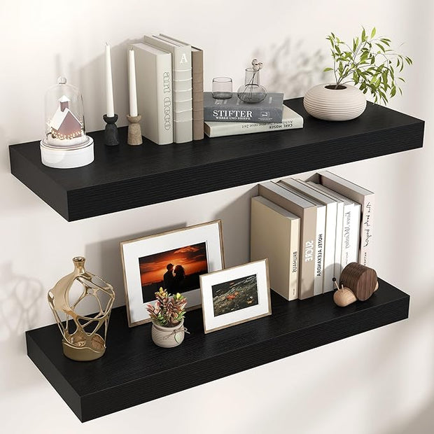 Floating Shelves for Wall, 36" W x 12" D x 2" H, 2 Pack of Long Wall Mounted Engineered Wood Shelves with Invisible Brackets for Living Room, Bedroom, Bathroom, Kitchen Decor, Black