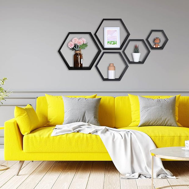 PHOENANCEE Hexagon Floating Shelves,Wall Mounted Wood Farmhouse Storage Honeycomb Shelf Set of 5,for Bathroom, Kitchen, Bedroom, Living Room,Office,Home Room Wall Decor Driftwood Finish