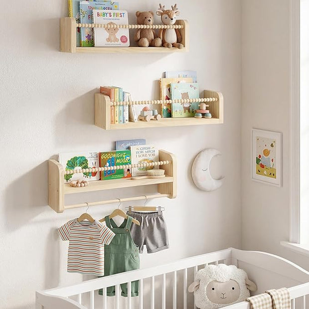 Nursery Book Shelves for Wall Set of 3, Natural Wood Bookshelves Wall Decor, Small Floating Shelf Organizer for Kids Room, Bedroom, Kitchen Spice Rack