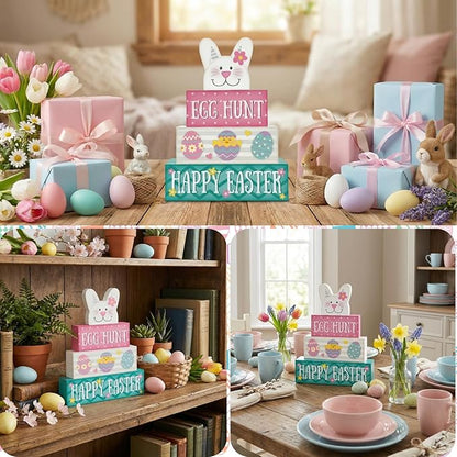 Easter Decorations, 4 Pcs Wooden Easter Table Decorations, Cute Bunny Tiered Tray Decor, Wooden Table Sign for Desk Shelf Mantel Coffee Bar, Indoor Home Decor