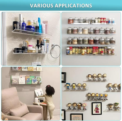 Albumgit 6 Pack Acrylic Shelves for Wall Storage, Self-Adhesive 15" Clear Floating Shelf for Figures, Photo, Makeup, Book, Wall Mounted Shelves for Bathroom, Living Room, Bedroom, Kitchen