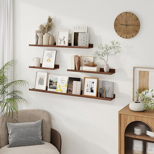 Axeman Picture Ledge Shelf | 16 Inch Walnut Floating Shelves Set of 3 | Rustic Wood Wall Shelves with Lip | 16" Walnut Picture Shelf for Wall with Ledge | Photo Shelves