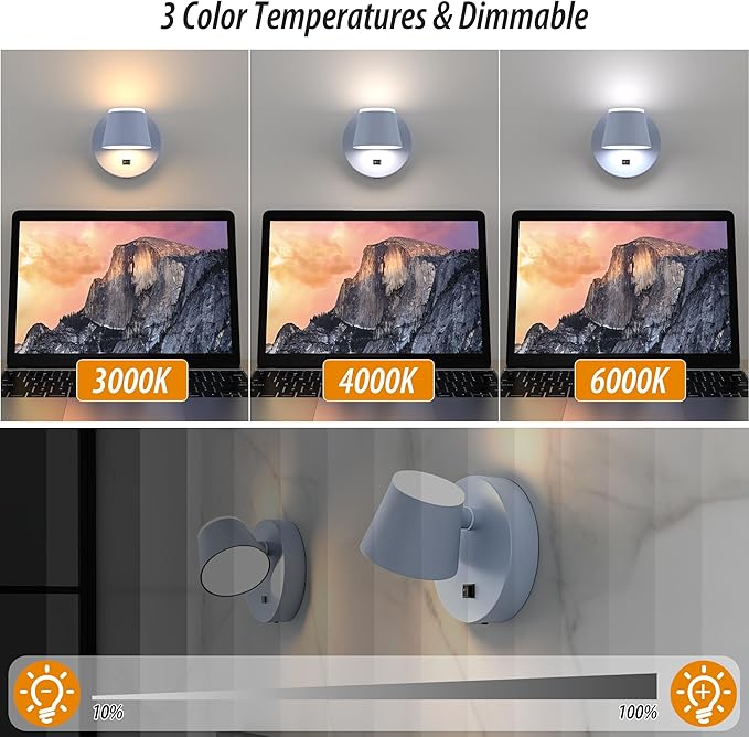 URSOLA Battery Operated Wall Lights Set of Two, LED Rechargeable Battery Wall Sconce with 9000mAh 3CCT and Dimmable Magnetic 360° Rotation Cordless Light for Bedroom（Blue）