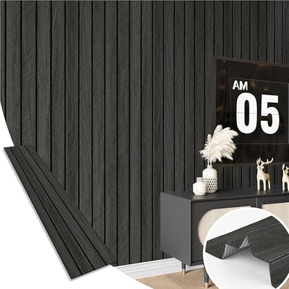 Black Wood Panels for Wall Self Adhesive Wood Slat Wall Panel 11.8"x196" Soundproof Wooden Grain Contact Paper Herringbone Slat Shiplap Wallpaperf for Bedroom Dinner Backsplash Ceiling