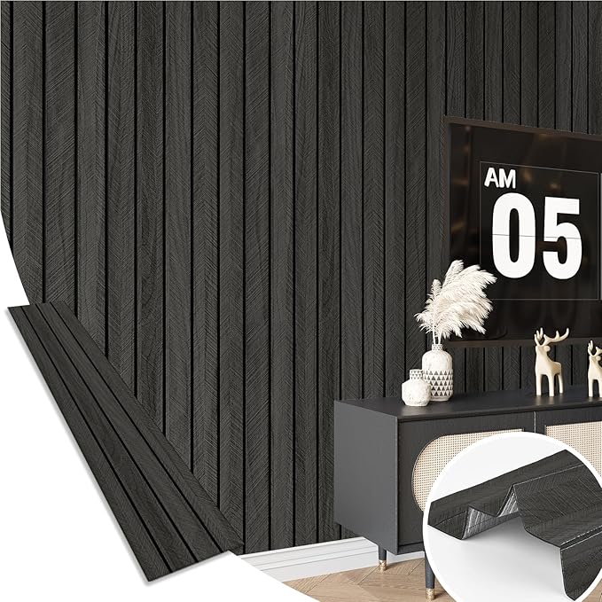 Black Wood Panels for Wall Self Adhesive Wood Slat Wall Panel 11.8"x196" Soundproof Wooden Grain Contact Paper Herringbone Slat Shiplap Wallpaperf for Bedroom Dinner Backsplash Ceiling