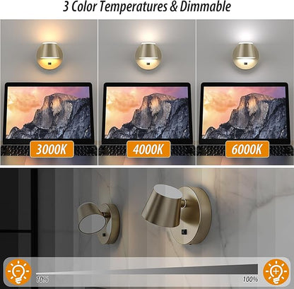 URSOLA Battery Operated Wall Sconce with Remote, LED Rechargeable Battery Wall Light with 9000mAh 3CCT and Dimmable Magnetic 360° Rotation Cordless Light for Bedroom（Champaign）