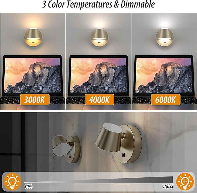 URSOLA Battery Operated Wall Lights Set of Two, LED Rechargeable Battery Wall Sconce with 9000mAh 3CCT and Dimmable Magnetic 360° Rotation Cordless Light for Bedroom（Champaign）