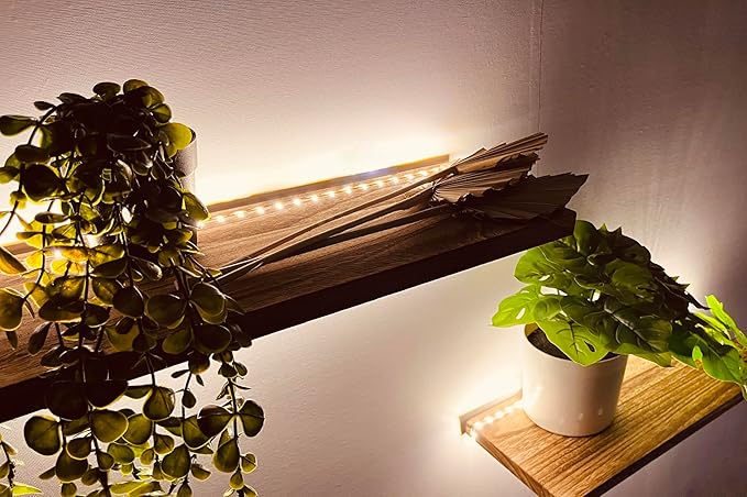 Floating Shelves for Wall Decor Wood Wall Mounted Shelves with LED Lights Set of 2, Sturdy Rustic Wood Shelves Farmhouse Shelf Hanging for Bedroom, Bathroom, Living Room, Kitchen (USB Powered)