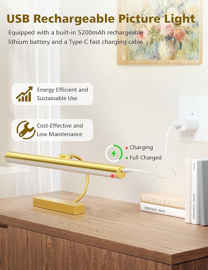VOLISUN Picture Lights for Wall, 16 inch Rechargable Picture Light Battery Operated, 3 Color Temperatures Cordless Picture Light with Remote, Art Light for Paintings, Gallery, Portrait, 2 Pack (Gold)