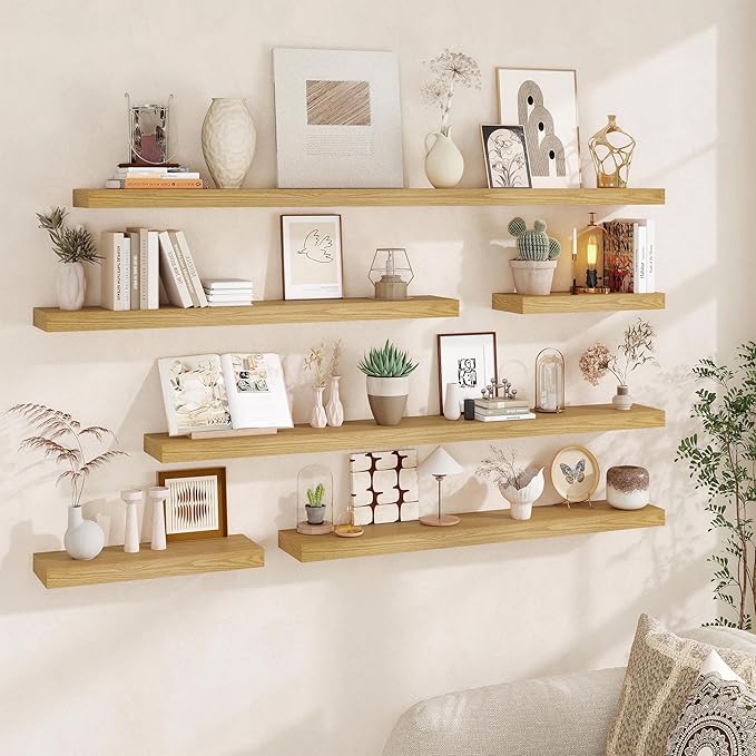 Fun Memories Floating Shelves for Wall, 24Inch Floating Shelves Set of 2, Hanging Shelf with Invisible Brackets, Wood Shelves for Living Room, Bedroom, Kitchen, Oak