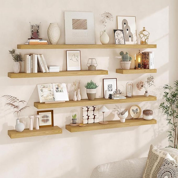 Fun Memories 72Inch Floating Shelves,Wall Mounted Rustic Wood Floating Shelf with Invisible Brackets for Storage & Decor,2 Pack Shelves for Bathroom,Bedroom and Kitchen,Oak