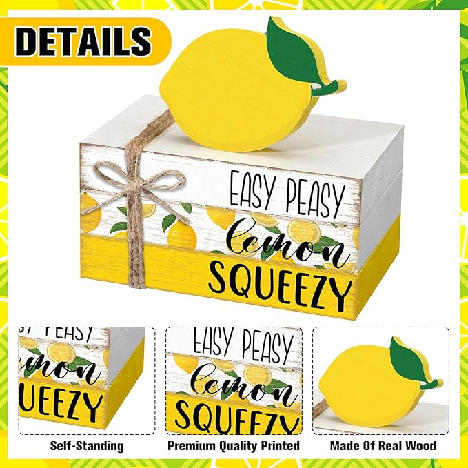 Geelin 4 Pcs Lemon Book Stack Decor, Wooden Faux Books for Home Table Centerpiece, Lemon-themed Kitchen Tiered Tray Decorations, Rustic Farmhouse Summer Lemon Decor for Living Room & Dining Table