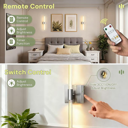 L LOHAS LED Battery Operated Wall Sconce Set of 2, 10000mAh Nickel Battery Wall Sconce 360 Full Lighting, 3000K Dimmable Wireless Wall Light, Sconce Wall Decor for Bathroom, Bedroom, Living Room, 24in