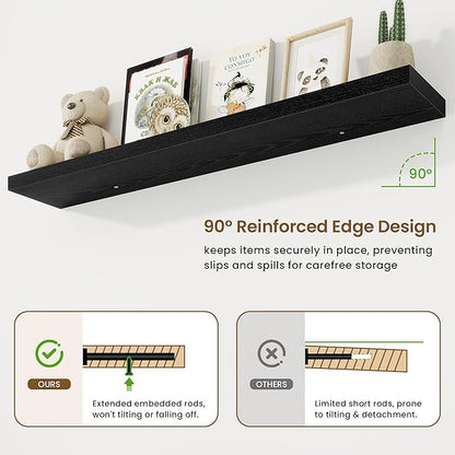 55in Floating Shelves for Wall, 55"W x 9.25"D x 1.5"H, Long Wall Mounted Engineered Wood Shelves with Invisible Brackets for Living Room, Bedroom, Bathroom, Kitchen Decor and Storage, Black