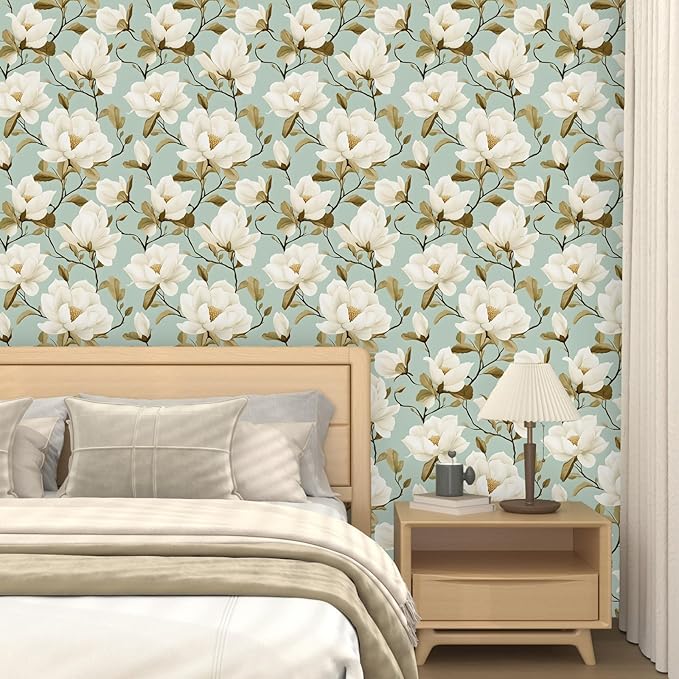 Modern Green White Flowers Wallpaper Blue Floral Peel and Stick Contact Paper 17.5