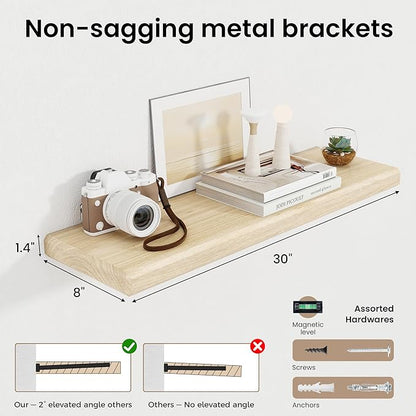 Axeman 30Inch Natural Wood Floating Shelves for Wall|Rustic Wooden Shelves for Bedroom Kitchen Bathroom|Storage Shelf with Invisible Bracket for Wall Mounted|Set of 1|Natural Color