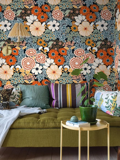 Floral Wallpaper Peel and Stick Boho Wall Paper Removable Waterproof Orange/Green/Red Contact Paper for Bedroom, Bathroom, Home Wall 17.3" x 236.3"