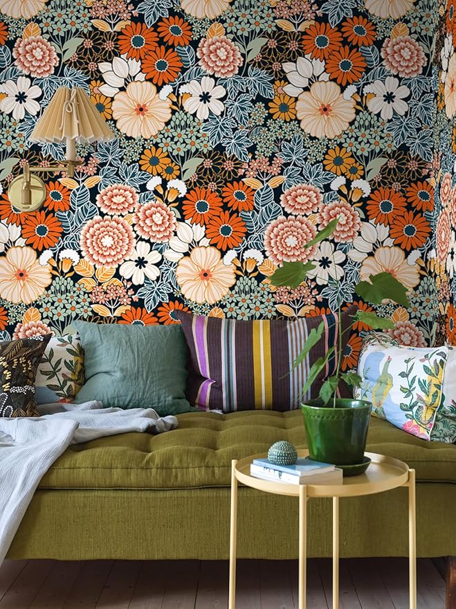 Floral Wallpaper Peel and Stick Boho Wall Paper Removable Waterproof Orange/Green/Red Contact Paper for Bedroom, Bathroom, Home Wall 17.3