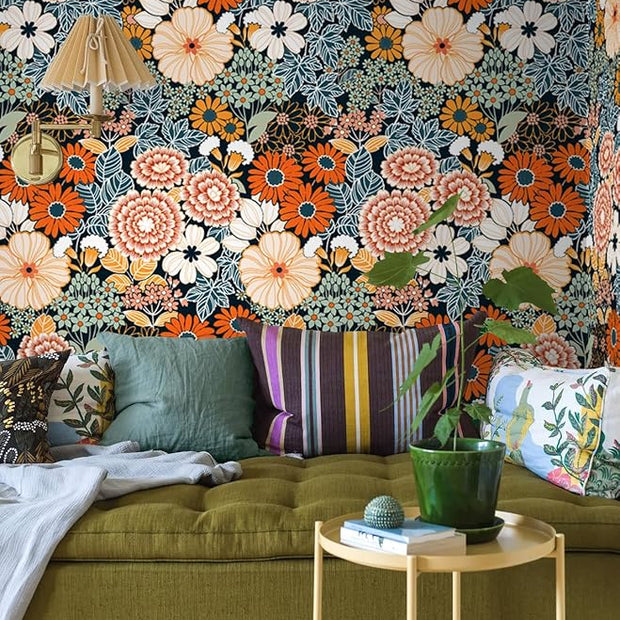 Floral Wallpaper Peel and Stick Boho Wall Paper Removable Waterproof Orange/Green/Red Contact Paper for Bedroom, Bathroom, Home Wall 17.3" x 236.3"