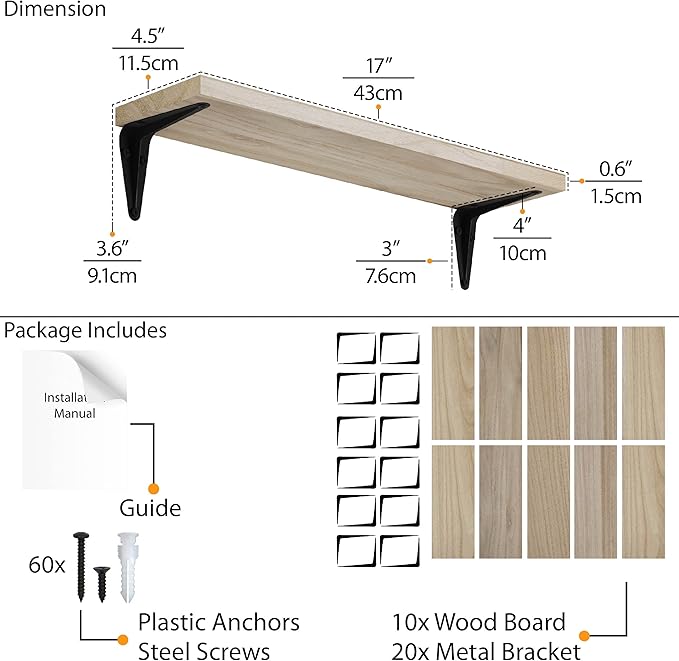 Wallniture Arras Floating Shelves for Wall Decor,17"x4.5" Bookshelf for Living Room Decor, Kitchen Organization, Hallway & Office Wall Shelves Natural Finish Set of 10