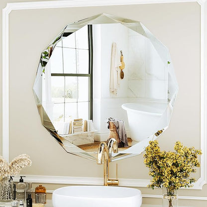 Suidia Bathroom Mirror, 20"x 20" Wall Mirror, Frameless Bathroom Mirror with Beveled Edge for Bedroom, Living Room, Entryway, Hallway, Round Shape