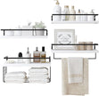 White Wood Floating Shelves Wall Mounted - 4+1 Tier Rustic Bathroom Wall Shelves Over Toilet with Wire Storage Basket and Towel Bar, set of 4 Farmhouse Floating Shelf for Bathroom, Kitchen, Bedroom.