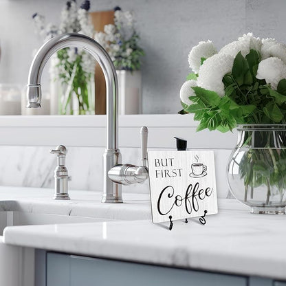 Coffee Sign Desk Decor, But First Coffee Sign With Iron Stand, Coffee Wood Plaque For Coffee Station Coffee Shop Home Kitchen Cafe Office, Farmhouse Coffee Bar Desk Shelf Decoration -02