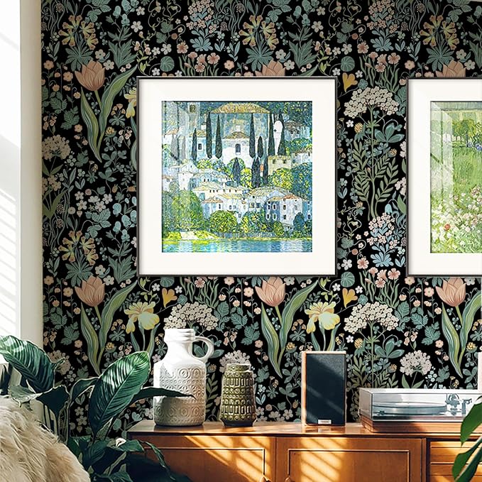 Peel and Stick Wallpaper Vintage Wall Paper Black Floral Contact Paper Removable Wallpaper 17.3"x78.7" Leaf Flower Self Adhesive for Bedroom Drawer Decor Vinyl Rolls