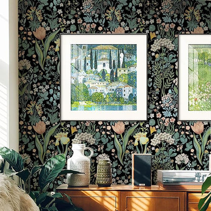 Peel and Stick Wallpaper Vintage Wall Paper Black Floral Contact Paper Removable Wallpaper 17.3"x393.7" Leaf Flower Self Adhesive for Bedroom Drawer Decor Vinyl Rolls