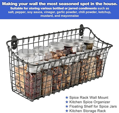Wall Mounted Iron Spice Rack – Large Grey Painted Kitchen Wall Shelf & Seasoning Organizer for Jars, Condiments & Spices – 40cm W × 14cm D × 18.5cm H Floating Pantry Storage Rack with Screw Mount