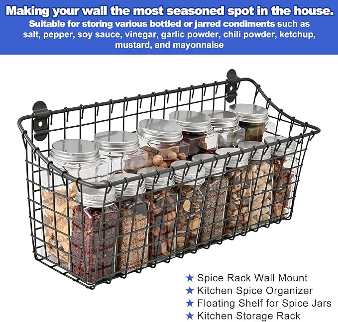 Wall Mounted Iron Spice Rack – Large Grey Painted Kitchen Wall Shelf & Seasoning Organizer for Jars, Condiments & Spices – 40cm W × 14cm D × 18.5cm H Floating Pantry Storage Rack with Screw Mount