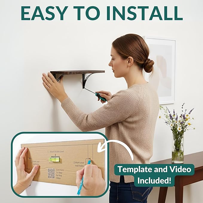 Reinforced Steel Bracket Rustic Brown Shelf - Easy to Install, Template and Video Included - Rustic Shelves for Wall, Bathroom Storage Shelves
