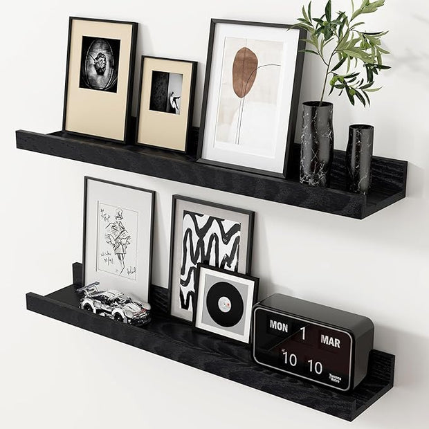 Axeman Oak Picture Ledge Shelf, 24 Inch Floating Shelves Set of 2, Solid Oak Wood Wall Shelves with Lip, Wall Decor Storage for Bedroom Living Room Bathroom Kitchen Nursery Photo Picture, Black