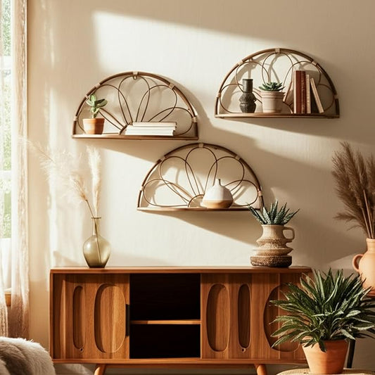 Set of 2 Arched Flower Decorative Wall Shelves – Boho Home Decor Floating Display Shelf – Metal & Wood Modern Wall Shelves for Office, Bedroom & Living Room – 11" & 13", Brown