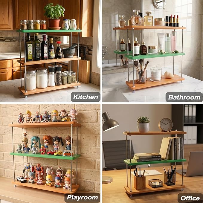 VINIUSIKI DIY Height-Adjustable 3 Tier Countertop Shelf Organizer, Kitchen Spice Rack for Countertop, Wood Coffee Counter Shelf Organizer for Home - 15.7