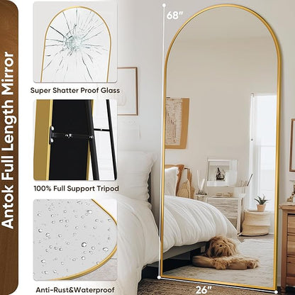 Antok Arched Full Length Mirror, 68"x28" Gold Metal Frame Floor Mirror for Bedroom Living Room, Freestanding/Wall Mount/Leaning