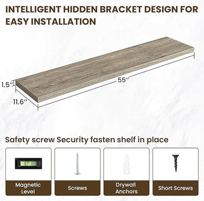 55 Inch Floating Shelves, 12 Inch Deep Floating Shelves for Wall, Floating Shelf with Invisible Brackets, Deep Shelves for Bathroom, Bedroom, Living Room, 1 Pack, Grey