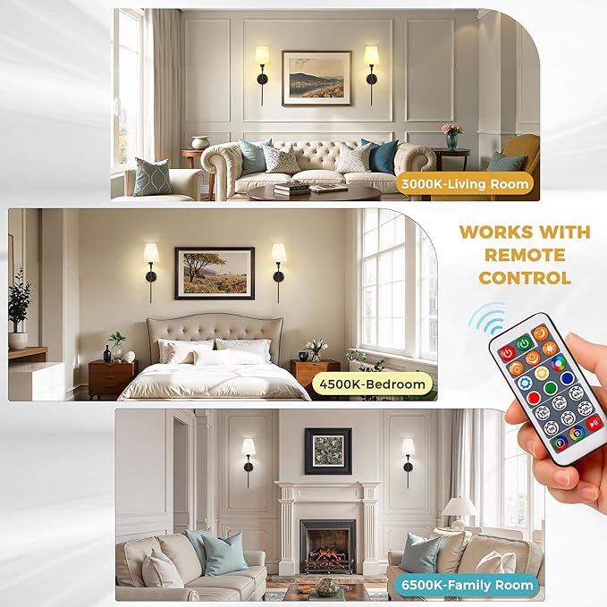 DORESshop Battery Operated Wall Sconce Set of 2, 7 Color Wireless Wall Light Easy to Install, Sconce Wall Decor Set of 2 for Bedroom, Living Room, Fabric Linen Shade, Black, 24.6in