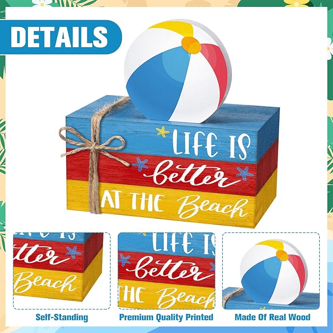 Geelin 4 Pcs Summer Beach Wooden Book Stack Signs, Life is Better at The Beach Tiered Tray Decor, Coastal Nautical Table Shelf Centerpiece for Home Kitchen Living Room House Decorations
