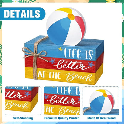 Geelin 4 Pcs Summer Beach Wooden Book Stack Signs, Life is Better at The Beach Tiered Tray Decor, Coastal Nautical Table Shelf Centerpiece for Home Kitchen Living Room House Decorations