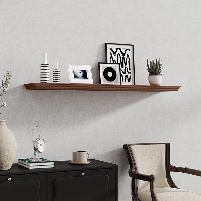 Fun Memories Floating Shelves 48 Inch Long, 9.3 Inch Deep Classic Crown Molding Floating Shelves for Wall, Rustic Wooden Shelves for Wall Decor Bathroom, Kitchen, Office, (Walnut, 1Pack)