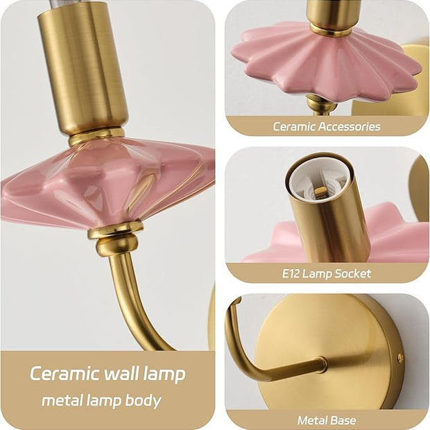 Modern Retro Wall sconces Set of Two with Pink Ceramic Flower Decoration,Brushed Gold Wall Lights, Hardwired Vintage Vanity Light for Bathroom, Living Room, Bedroom, and hallways.