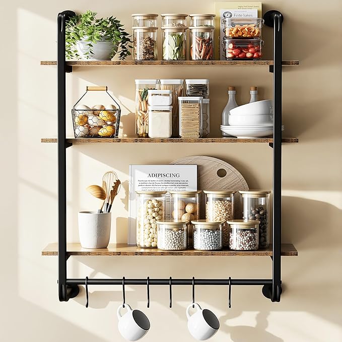 3 Tier Industrial Pipe Shelving, 24" Kitchen Shelves Wall Mounted with 6 Hooks, Coffee Bar Shelves Display Bookshelf Wall Shelf for Bedroom, Bathroom, Home Décor, Rustic Brown