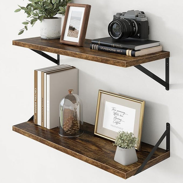 Axeman Deep Floating Shelves - 30 Inch Floating Shelves Set of 2-12 Inch Deep Brown Wood Wall Shelves for Living Room Bathroom Kitchen
