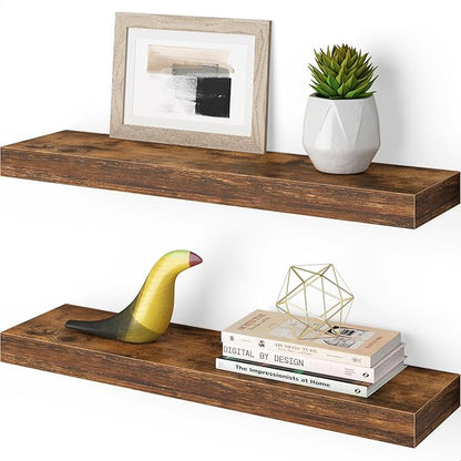 Ballucci Floating Shelves, 24" Wood Wall Shelf Set of 2, with Invisible Brackets for Bathroom, Living Room, Bedroom, Kitchen, Nursery, 6" Deep, Rustic Brown