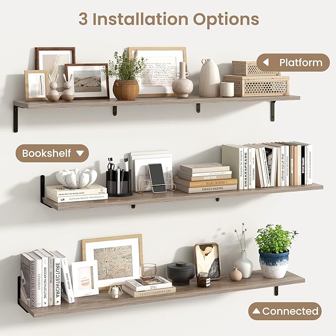 Fun Memories Deep Floating Shelves, 55W x 8D Floating Shelves Set of 2, Wall Mounted Shelf with Metal Brackets, Rustic Wood Wall Shelf for Bathroom, Kitchen and Living Room, Grey