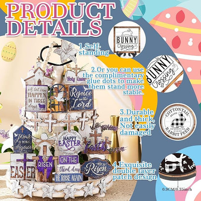 Amyhill 29 Pcs Religious Easter Tiered Tray Decor Christian Easter Decorations He is Risen Cross Lily Purple Wooden Signs Rustic Farmhouse Spring Table Decor for Home Kitchen Shelf