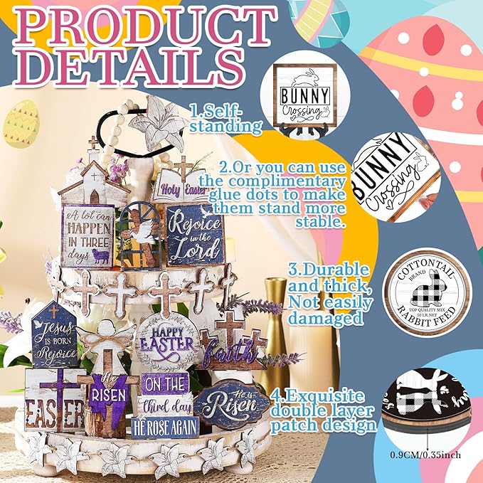 Amyhill 29 Pcs Religious Easter Tiered Tray Decor Christian Easter Decorations He is Risen Cross Lily Purple Wooden Signs Rustic Farmhouse Spring Table Decor for Home Kitchen Shelf