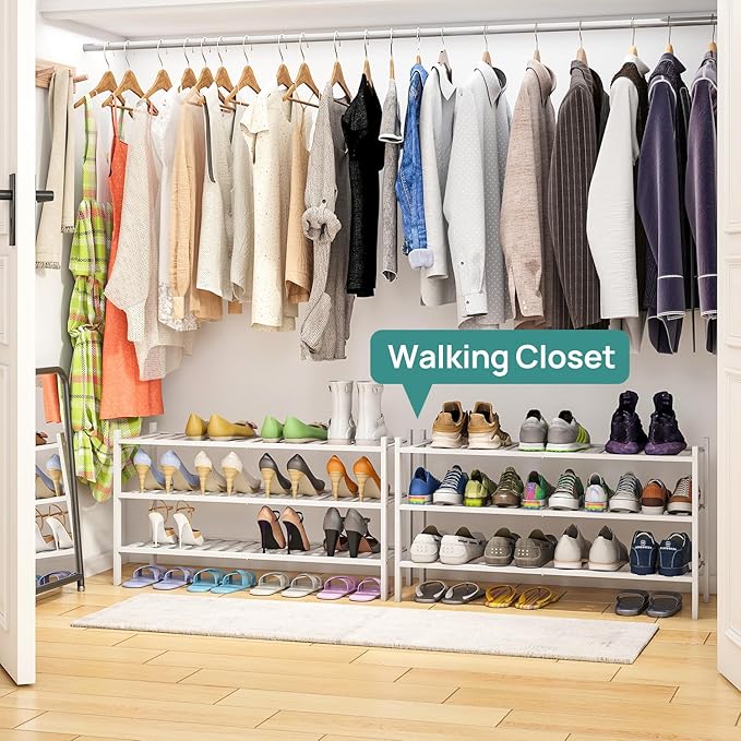 3-Tier Long Shoe Rack, Bamboo Wood Shoe Rack for Closet, Entryway & Hallway, Stackable White Shoe Shelf Storage Organizer for Indoor Outdoor